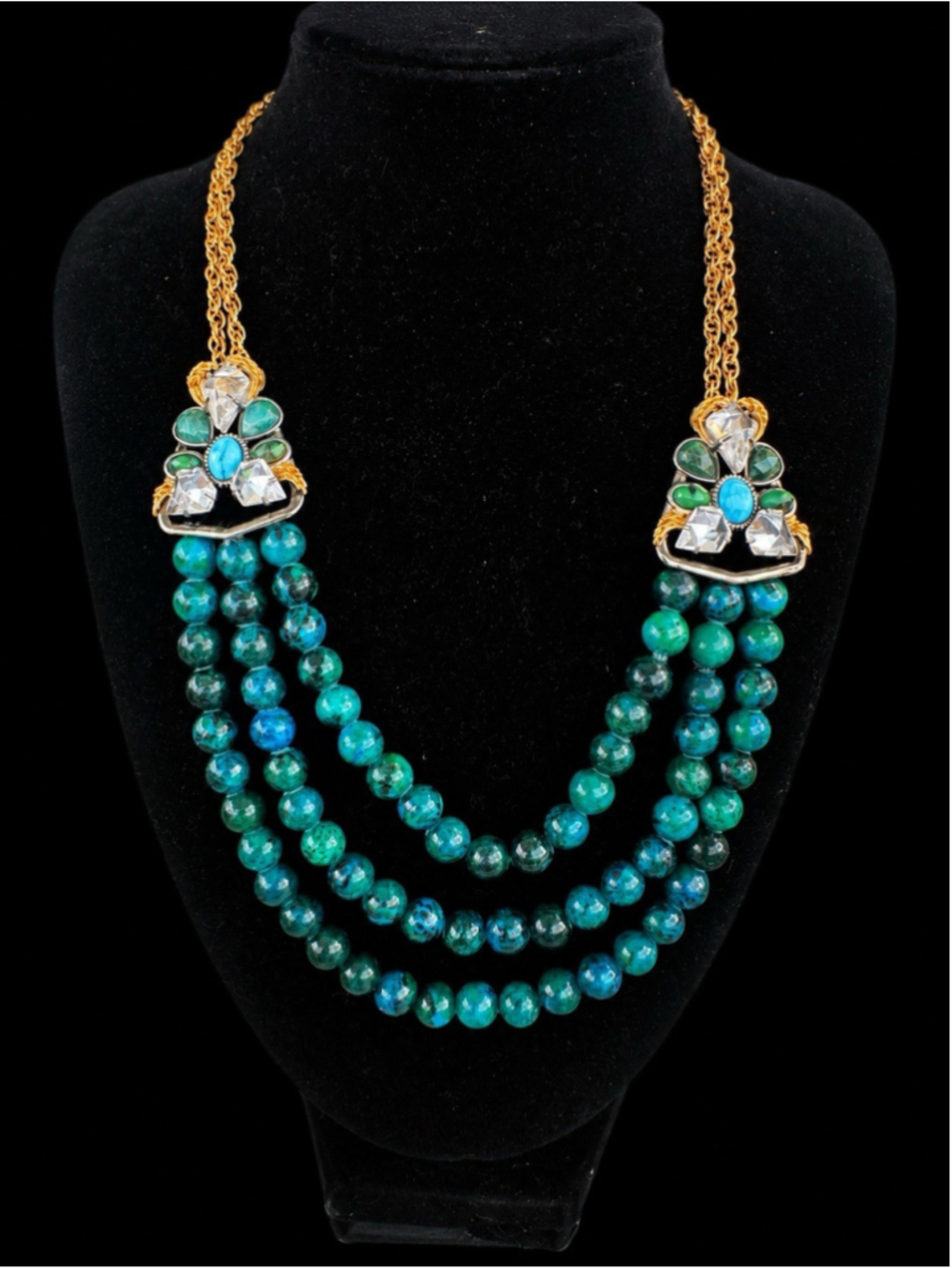 Alexis Bittar 3 Strand Turquoise Bead Crystal Statement Necklace Signed